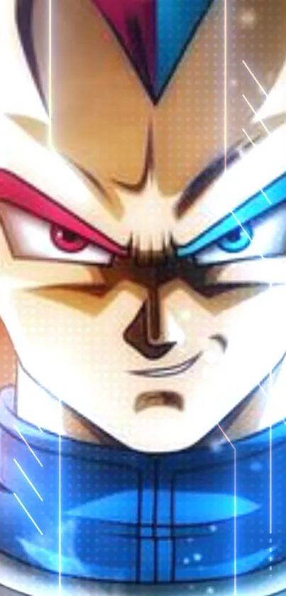 Anime character with blue and red accents, super saiyan style.