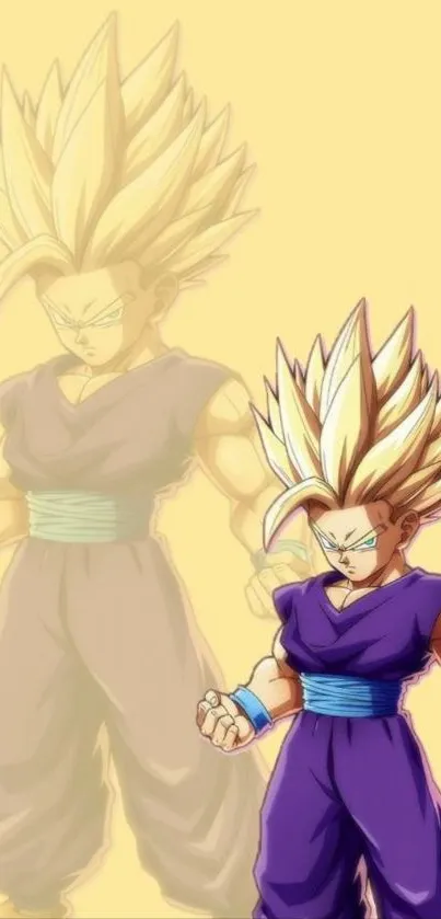 Super Saiyan anime character with golden hair and purple outfit.