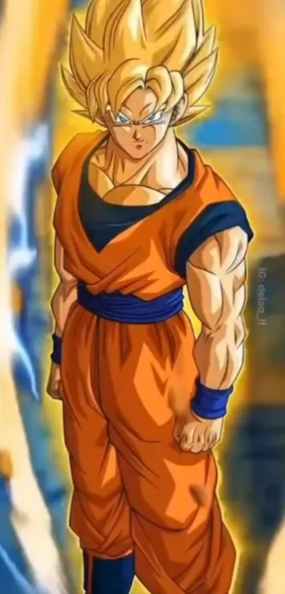 Super Saiyan anime character with vibrant energy aura and orange outfit.