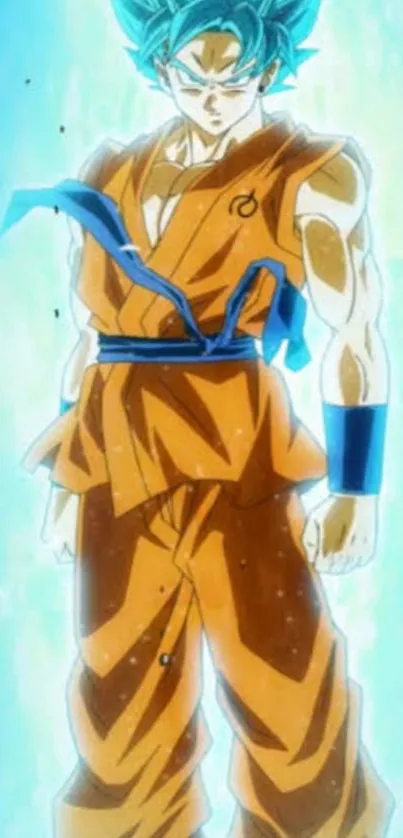 Anime superhero in orange gi with blue aura.