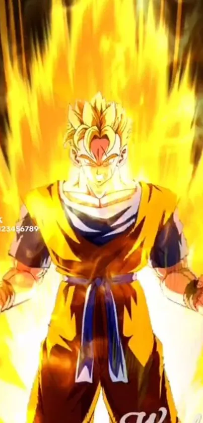 Anime character surrounded by a powerful yellow aura, showing strength and energy.