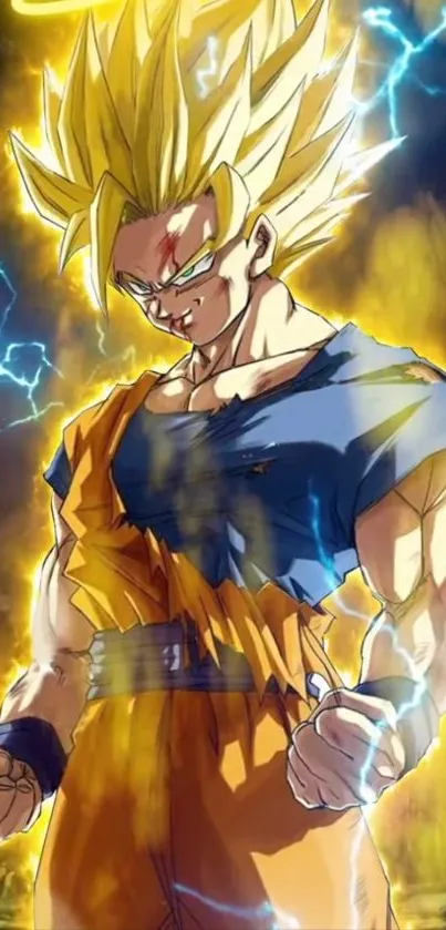 Super Saiyan anime character exuding vibrant energy and power in a dynamic stance.