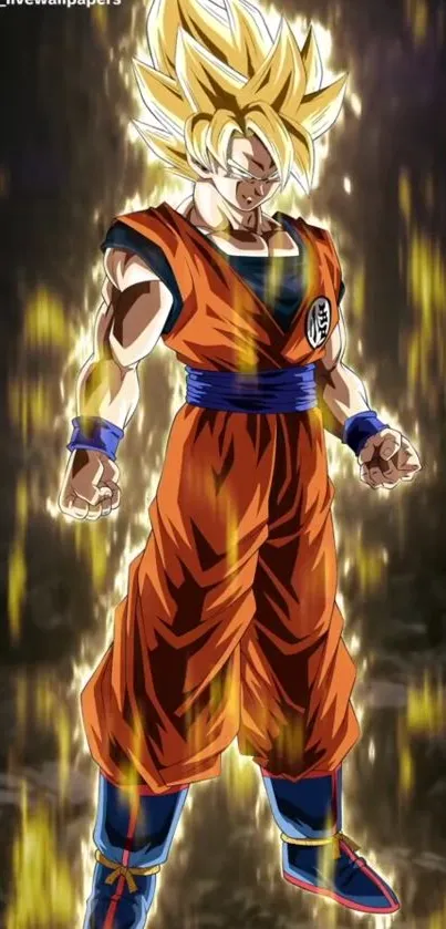 Super Saiyan anime character with golden aura in dynamic stance wallpaper.