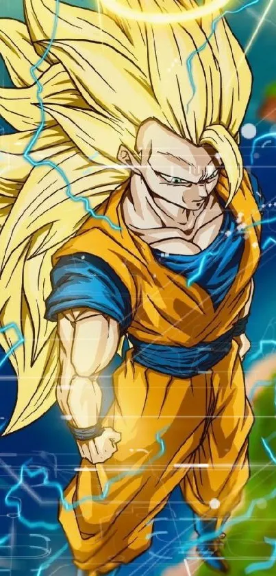 Super Saiyan anime character with dynamic energy on phone wallpaper.