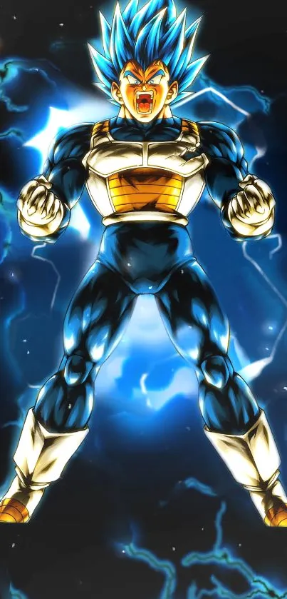 Super Saiyan Blue character in dynamic pose with electrifying energy.