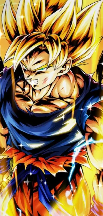 Dynamic Super Saiyan anime character with vibrant yellow aura.