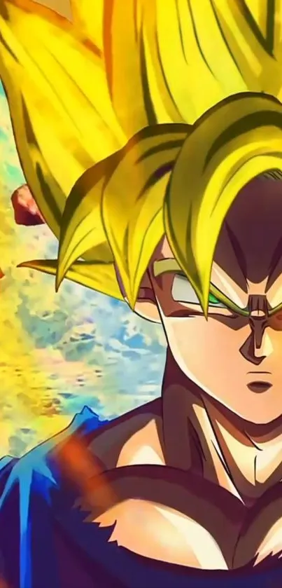 Super Saiyan character with bright yellow hair and vibrant background.