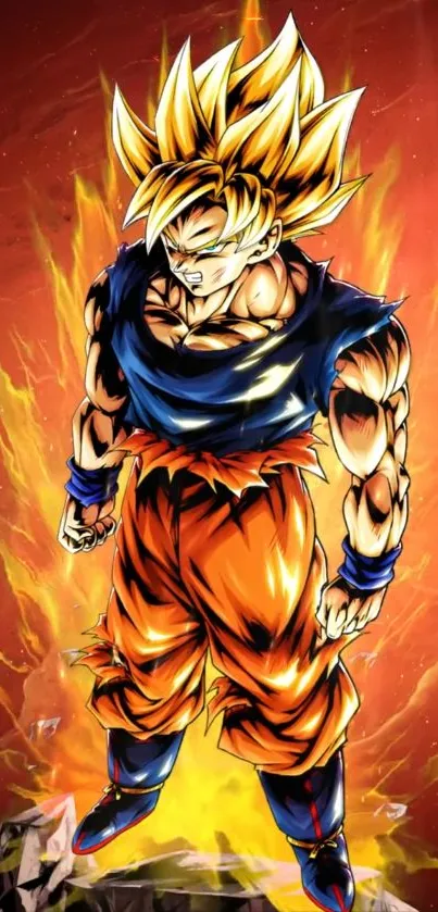 Super Saiyan surrounded by flames on mobile wallpaper.