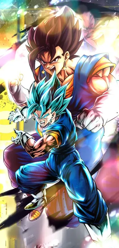 Super Saiyan fusion characters in dynamic anime style with vibrant blue hues.