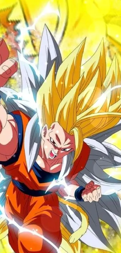 Vibrant Super Saiyan action scene in bright yellow tones.