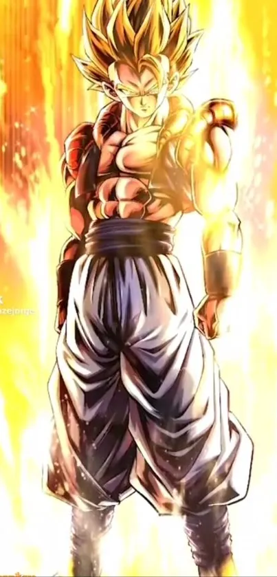 Super Saiyan character surrounded by fiery, dynamic energy in anime style.