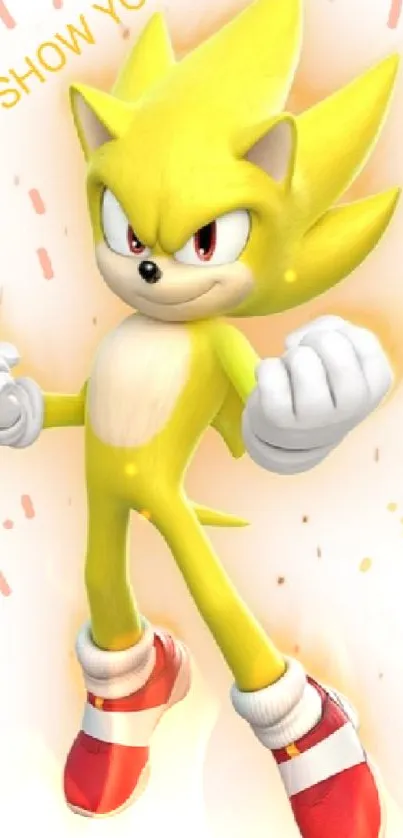 Super Sonic character in yellow with fists raised on a vibrant wallpaper.