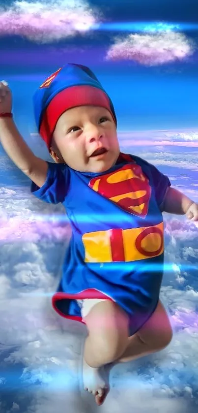 Superbaby floating in a vibrant, cloud-filled sky wearing a superhero costume.