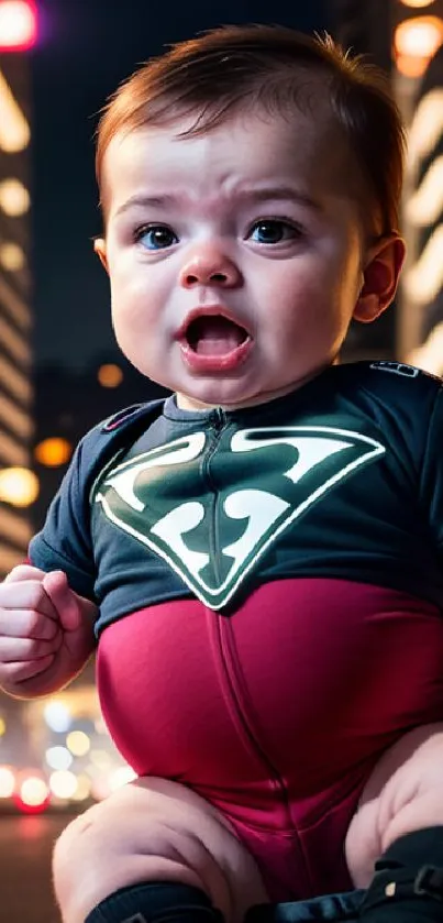 Baby in superhero costume at night with city lights backdrop.