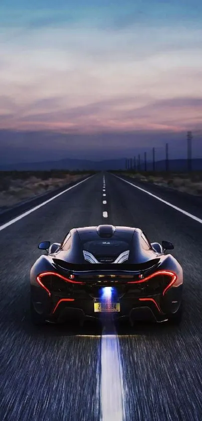 Sleek supercar driving on a scenic highway at sunset.