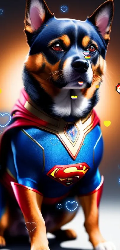 Heroic dog in a superhero costume with a cape on a vibrant wallpaper.