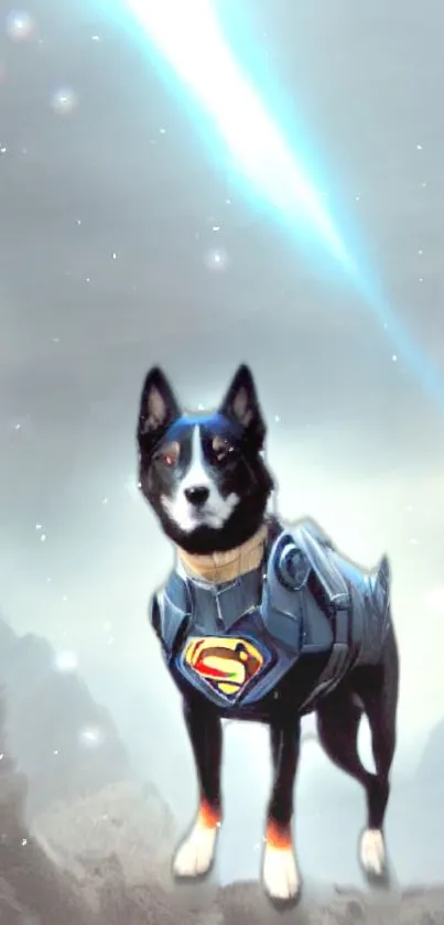 Superdog in cosmic armor with a galactic backdrop.