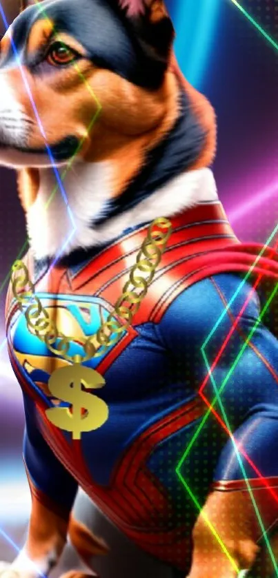 Superhero dog in colorful costume with neon lights.