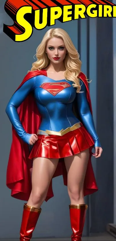 Supergirl in heroic pose with a vibrant red cape and blue outfit.