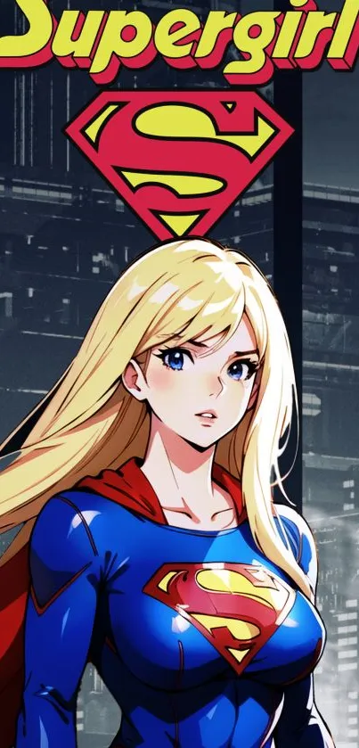 Anime style Supergirl in blue outfit against a city backdrop.