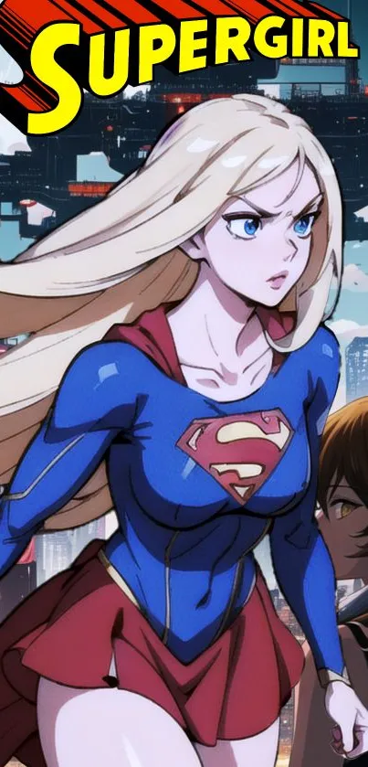 Supergirl in anime style with city backdrop and striking pose.