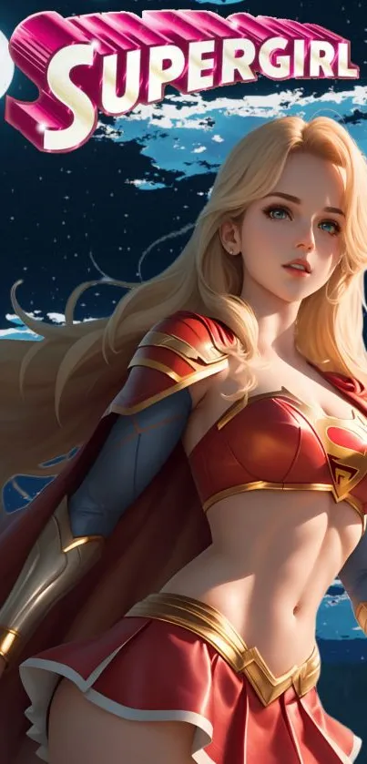 Anime art of Supergirl under the moonlight with vibrant colors and intricate details.