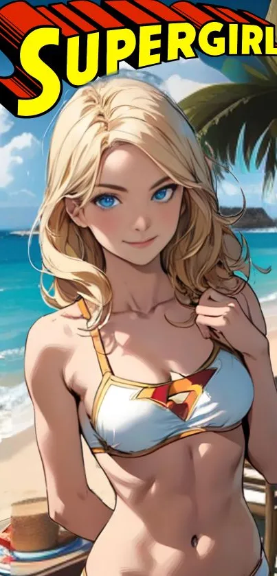 Supergirl in a bikini on a sunny beach with palm trees and ocean.