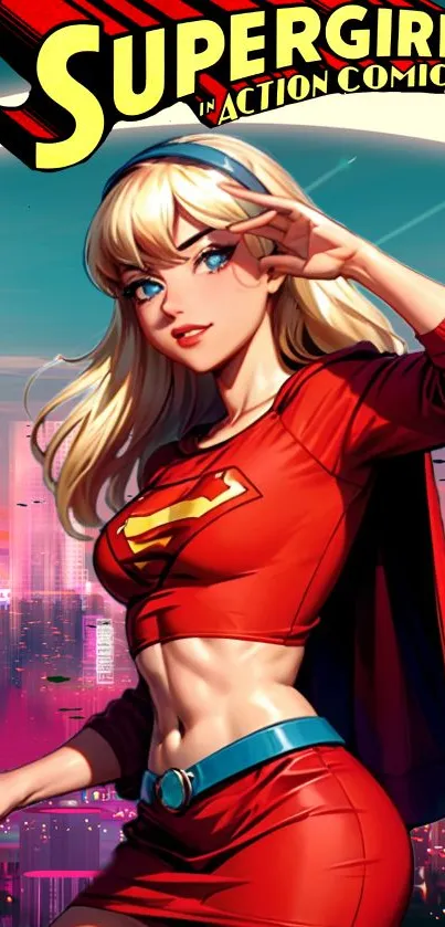 Supergirl in action comic cityscape wallpaper with vibrant colors.