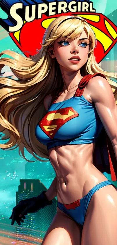 Supergirl cityscape wallpaper with vibrant colors and heroic design