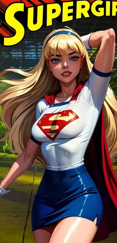 Supergirl depicted in iconic comic style with vibrant colors and bold design.