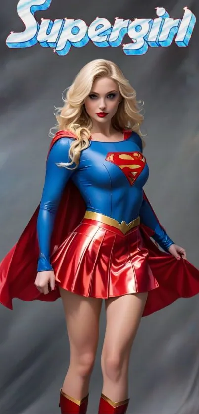 Supergirl with red cape in iconic superhero pose.