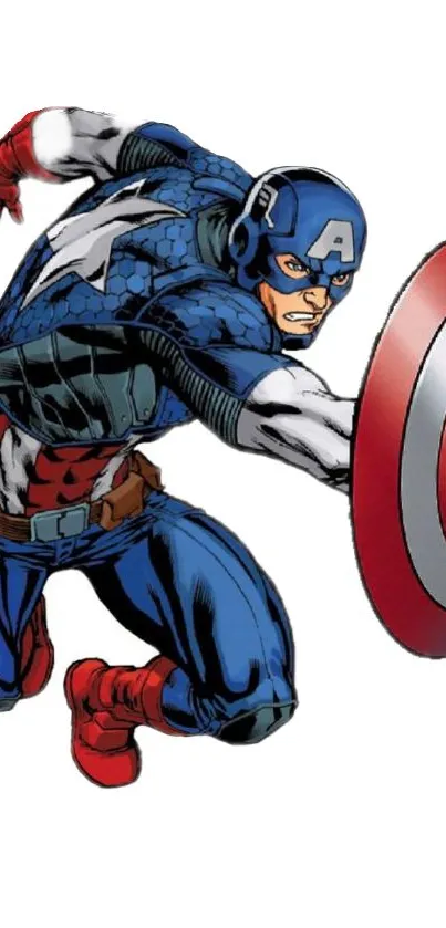 Superhero with shield in dynamic action pose, red and blue suit