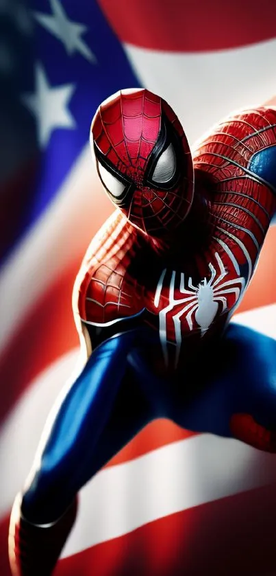 Superhero posing with American flag background.