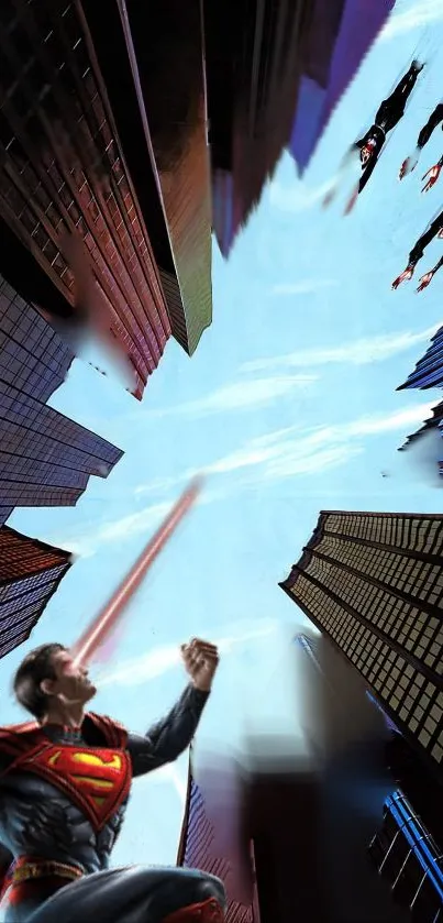 Superhero with cape in a cityscape, skyscrapers framing a vibrant sky.