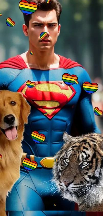 Superhero with dog and tiger in a forest.