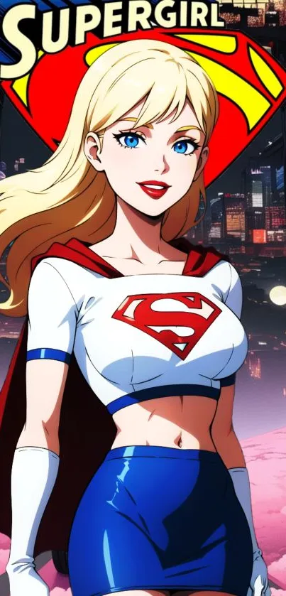 Anime-style superhero girl in a vibrant cityscape.