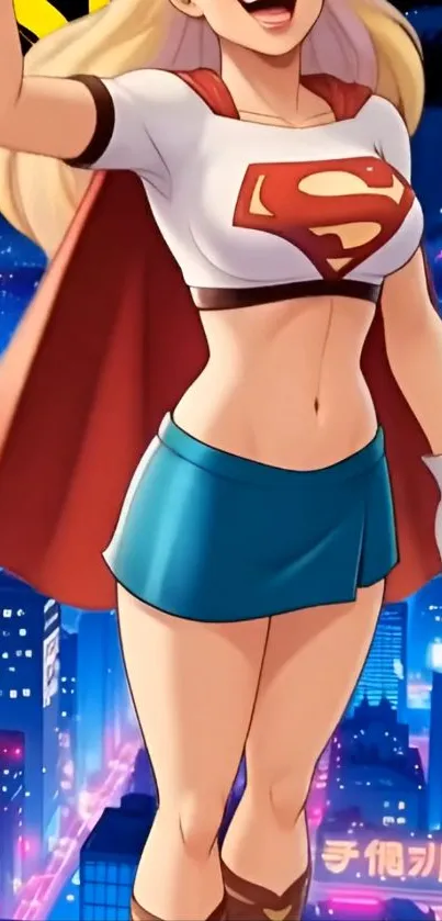 Anime superhero with cape in cityscape background.