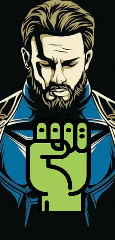 Stylized superhero with green fist on black and blue background.