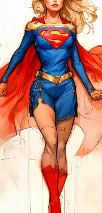 Dynamic superhero artwork with red cape and blue costume.