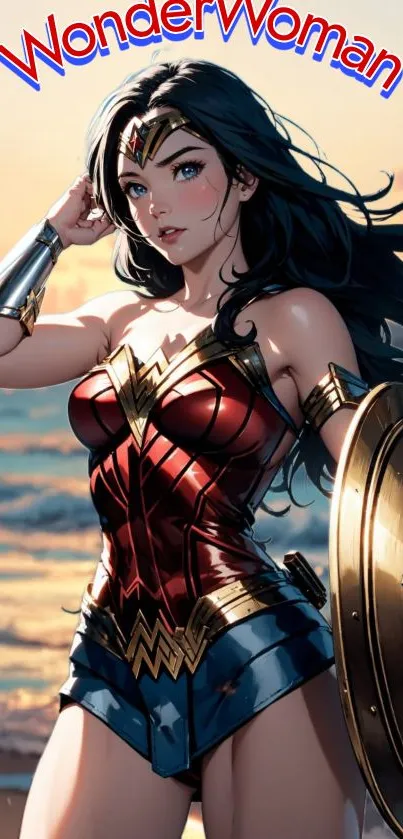 Superhero standing on a beach in armor, holding a shield.