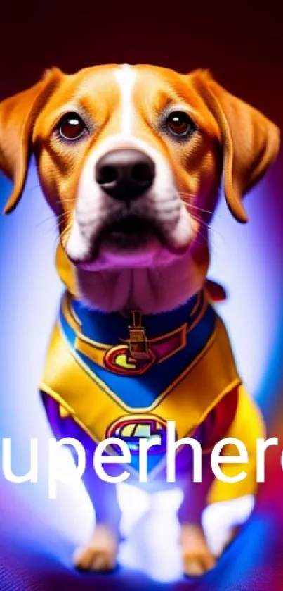 Beagle in superhero costume with vibrant colors.