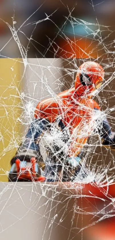 Superhero figure behind cracked glass with vibrant colors.