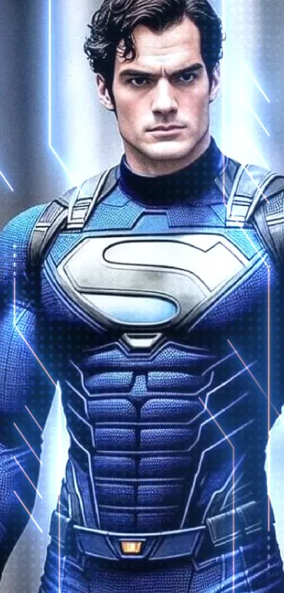 Superhero wearing blue armor with dynamic design in mobile wallpaper.