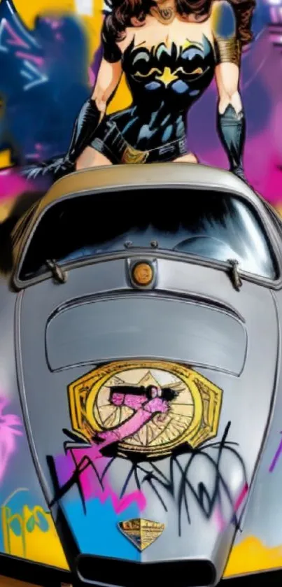 Superhero-themed car with colorful graffiti art.