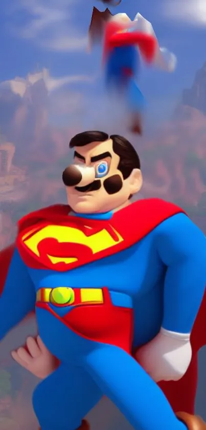 Superhero cartoon character in red and blue costume on a vibrant background.