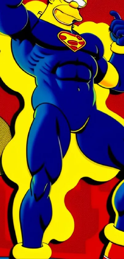 Cartoon superhero in blue suit with vibrant background on mobile wallpaper.