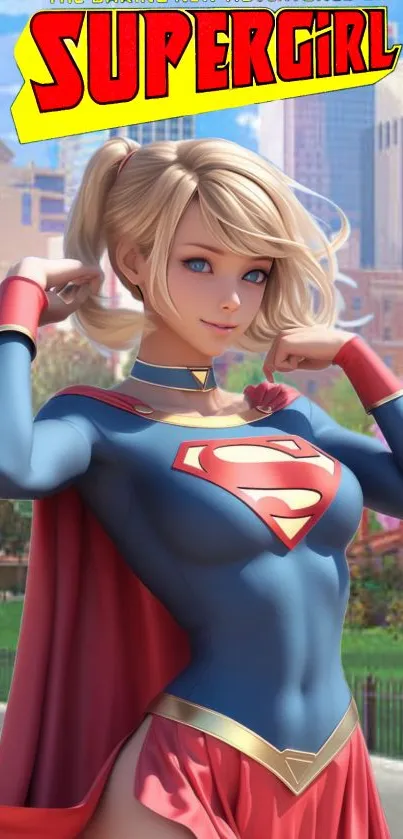 Supergirl cartoon character in city background wallpaper.