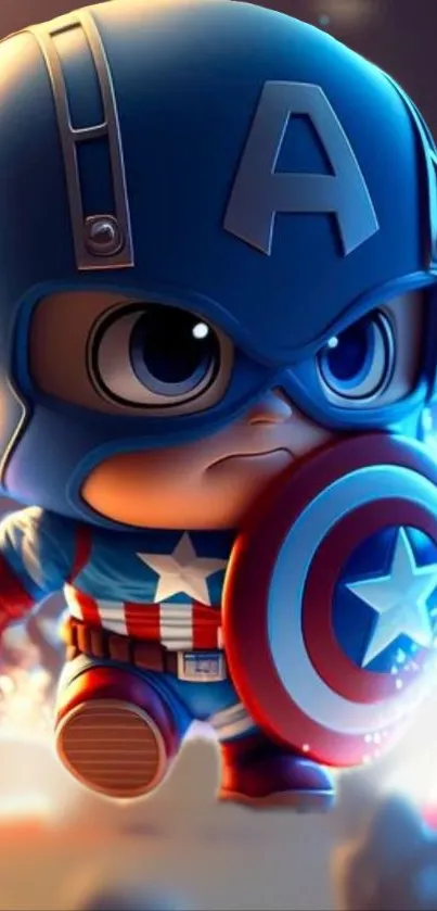 Chibi superhero in blue and red cartoon wallpaper.