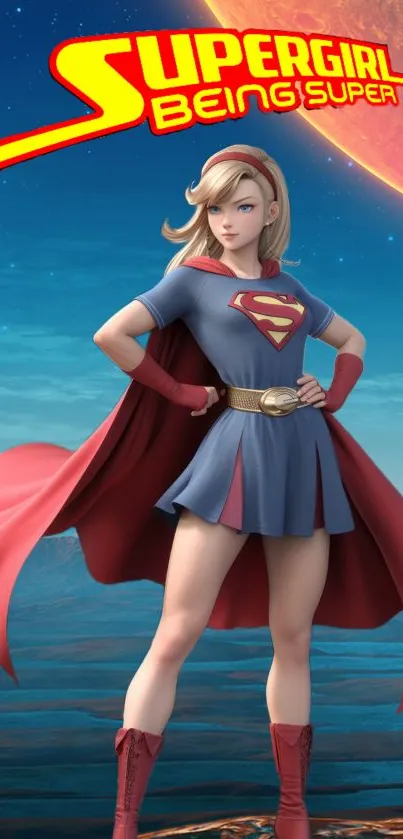 Supergirl cartoon wallpaper with blue backdrop.