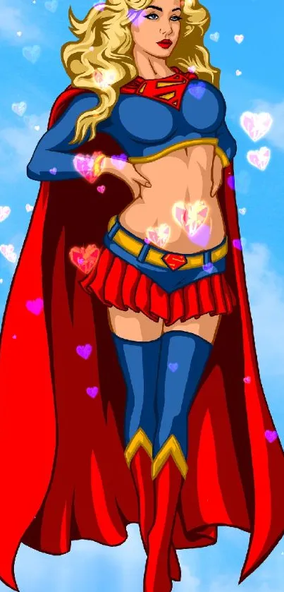 Superhero cartoon with red cape against a bright blue sky.